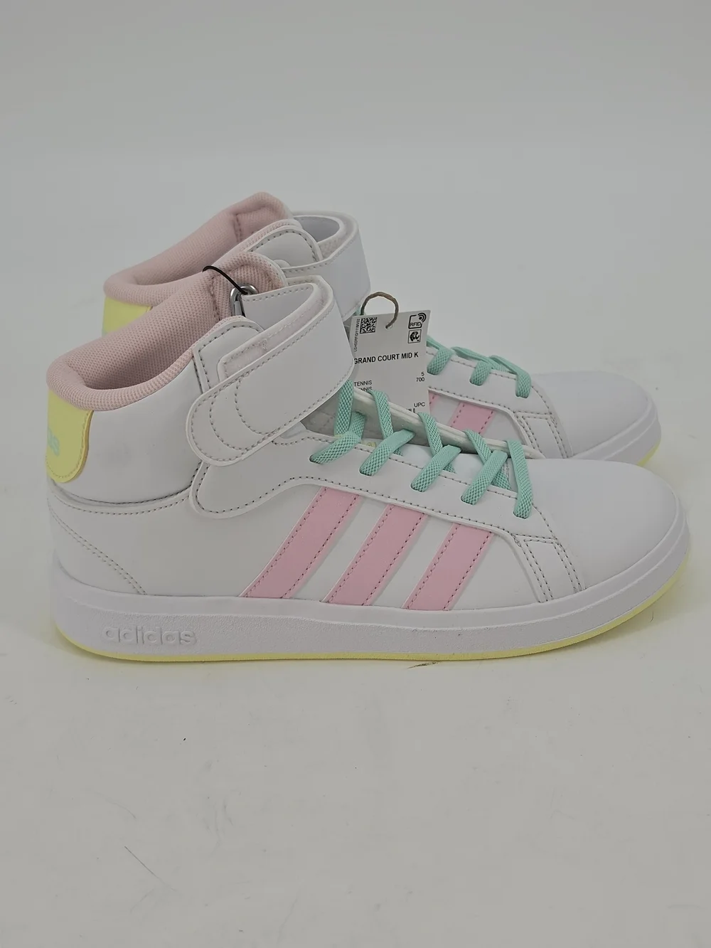 Adidas High-Top Sneakers in White with Pink Stripes and Mint Laces Y 5.5 W 7.5